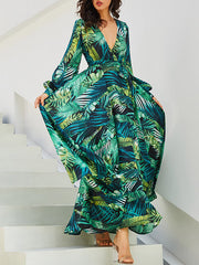 Dlabh long green chiffon dress with tropical leaf print