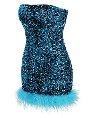 Dlabh mini dress fashion shiny sequin feathers blue