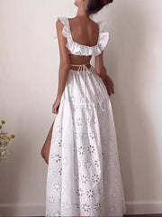 Dlabh long dress slit the side backless embroidery anglaise white