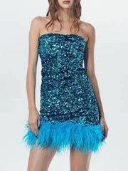 Dlabh mini dress fashion shiny sequin feathers blue