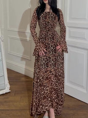 Dlabh long leopard chiffon dress with flared sleeves