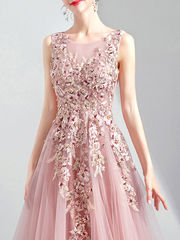 Dlabh Elegant Embroidered Maxi Evening Dress in Pink with Beading and Lace