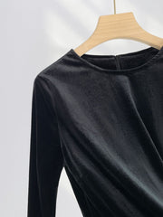 Dlabh velvet top feathers round neck women fashion black