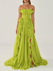 Dlabh long maxi dress slit side with ruffle strapless green