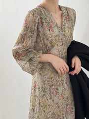 Dlabh Elegant Floral Print Maxi Dress with Long Puff Sleeves