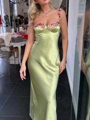 Dlabh long satin embroidered dress with thin straps prom green