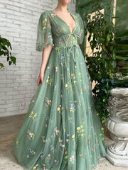 Dlabh long maxi dress embroidered tulle puff sleeves green