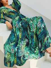 Dlabh long green chiffon dress with tropical leaf print