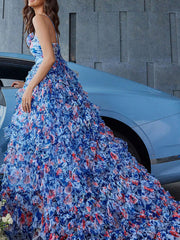 Dlabh Blue Backless Floral Chiffon Maxi Dress with Spaghetti Straps Elegant Fashion Dress for Prom and Vacation