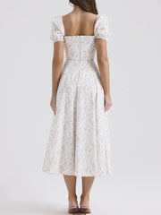 Dlabh long dress printed with floral square collar white