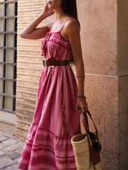 Dlabh long crochet dress with thin straps loose raspberry pink boho