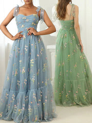 Dlabh Elegant Embroidered Tulle Maxi Prom Dress with Spaghetti Straps