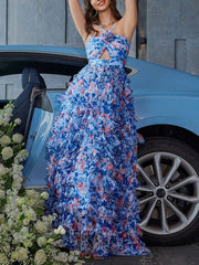 Dlabh Blue Backless Floral Chiffon Maxi Dress with Spaghetti Straps Elegant Fashion Dress for Prom and Vacation