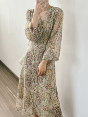 Dlabh Elegant Floral Print Maxi Dress with Long Puff Sleeves