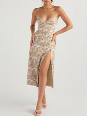 Dlabh mid-length floral print dress with side slit and thin straps