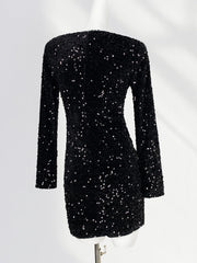 Dlabh mini-dress tight velvet shiny sequin v-neck cocktail