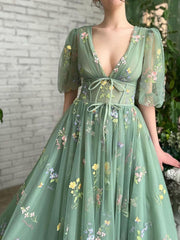 Dlabh long maxi dress embroidered tulle puff sleeves green