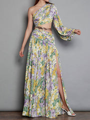 Dlabh one-shoulder floral printed maxi long dress