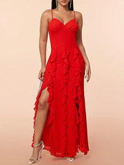 Dlabh long red dress slit side with ruffle