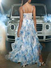 Dlabh maxi dress long split the side tulle with ruffled evening blue