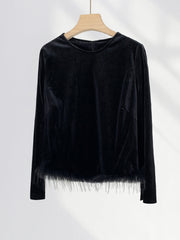 Dlabh velvet top feathers round neck women fashion black