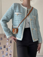 Dlabh short jacket in tweed buttoned with pockets women elegant blue