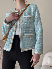 Dlabh short jacket in tweed buttoned with pockets women elegant blue