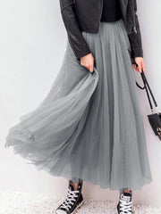 Dlabh long gray tulle skirt with elastic waist for women