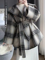 Dlabh women's fashion plaid wool coat with sailor collar belt