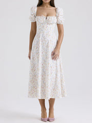 Dlabh long dress printed with floral square collar white