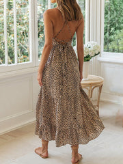 Dlabh long leopard backless dress with thin straps