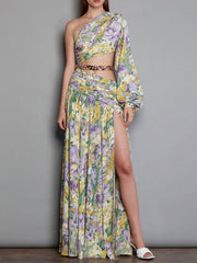 Dlabh one-shoulder floral printed maxi long dress