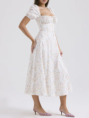 Dlabh long dress printed with floral square collar white