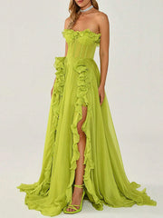 Dlabh long maxi dress slit side with ruffle strapless green