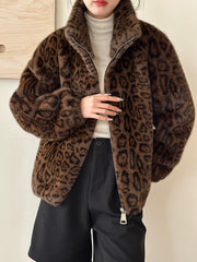 Dlabh women's zipper leopard faux fur coat