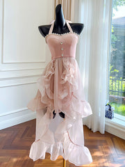 Dlabh Sweet Pink Organza Halter Long Prom Dress