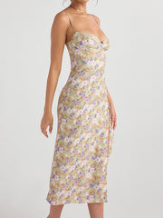 Dlabh mid-length floral print dress with side slit and thin straps