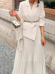 Dlabh long pleated blazer dress with belt women fashion white