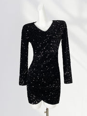 Dlabh mini-dress tight velvet shiny sequin v-neck cocktail