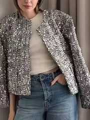 Dlabh women's round neck shiny sequin tweed jacket Silver