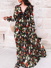 Dlabh long floral printed chiffon dress