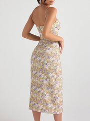 Dlabh mid-length floral print dress with side slit and thin straps