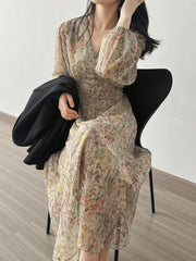 Dlabh Elegant Floral Print Maxi Dress with Long Puff Sleeves