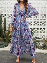 Dlabh long floral printed chiffon dress