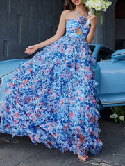 Dlabh Blue Backless Floral Chiffon Maxi Dress with Spaghetti Straps Elegant Fashion Dress for Prom and Vacation