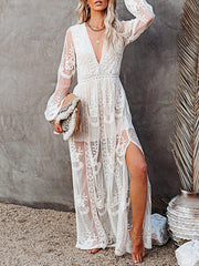 Dlabh long lace dress slit side v-neck bohemian