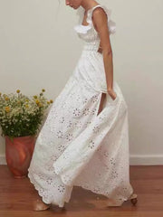 Dlabh long dress slit the side backless embroidery anglaise white