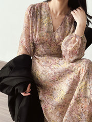 Dlabh Elegant Floral Print Maxi Dress with Long Puff Sleeves