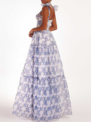 Dlabh Elegant Floral Print Organza Maxi Prom Dress with Lace Details