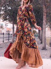 Dlabh long ruffled v-neck vintage bohemian dress orange